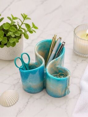 Ceramic Turquoise Swirl Desk Organizer Pencil Case - Brand